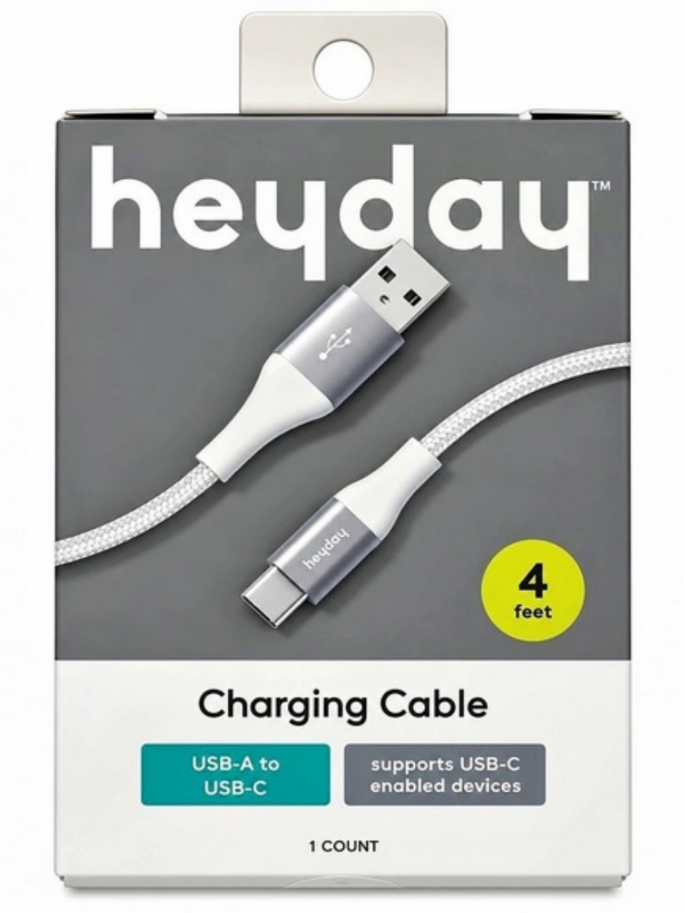 heyday 4 ft USB-A to USB-C Braided Cable, White